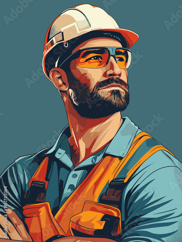 A confident engineer or foreman in safety glasses and a vest. Modern vector illustration of a competent construction specialist, symbolizing quality, management, and safety.