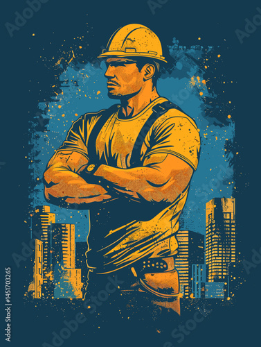 A strong and confident builder against a night city background. A graphic vector illustration of a muscular worker in a heroic pose, symbolizing power, strength and reliability.
