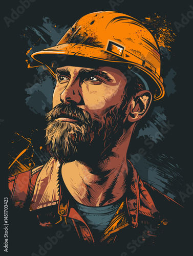 A heroic portrait of a builder looking to the future. A pensive bearded worker in a hard hat, created in a painterly style, symbolizing vision, leadership, and new projects.