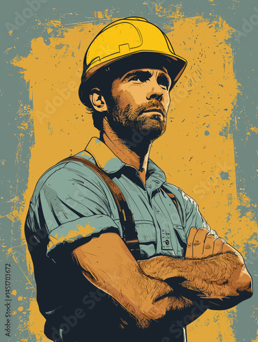 Confident young builder in a yellow hard hat and blue shirt with crossed arms. Portrait of a reliable specialist or foreman. Vector illustration on a textured background.