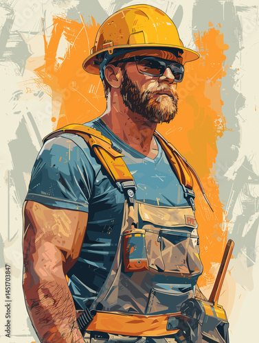 Strong muscular worker in a hard hat and sunglasses. Brutal builder or installer with a beard. Vector illustration in a dynamic style for advertising construction services.