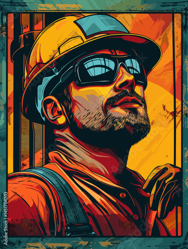 Portrait of a confident construction worker in a hard hat and protective glasses looking into the future. A concept of strong work ethic, diligence, and striving for success.