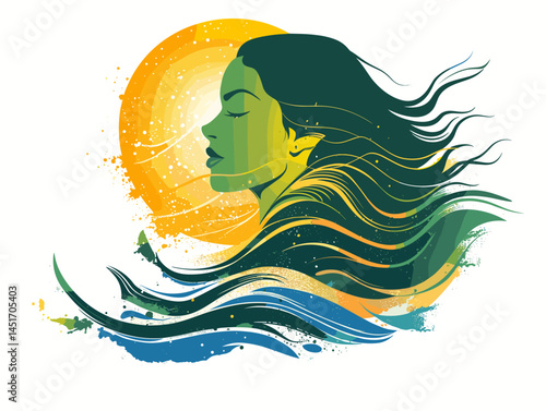 Stylized portrait of a goddess woman with the sun and waves. Mother Nature illustration for spiritual practices, eco-projects, travel agencies, yoga, and mythology-themed designs.