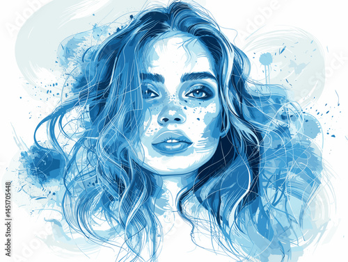 Expressive artistic portrait of a woman in blue tones. Monochrome digital painting with textured brushstrokes for book covers, music albums, fashion magazines, and modern wall decor.