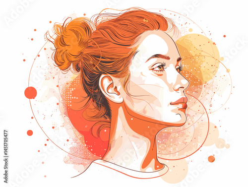 Artistic sketch portrait of a redhead woman with orange watercolor splashes. Fashionable hand-drawn illustration for beauty blogs, magazines, decorative posters, and creative projects.