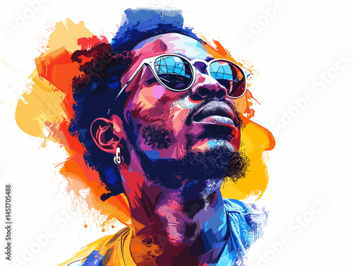 Vibrant pop art portrait of an African American man in sunglasses. Colorful, stylish street art style illustration for music covers, fashion, apparel design, and cultural events.