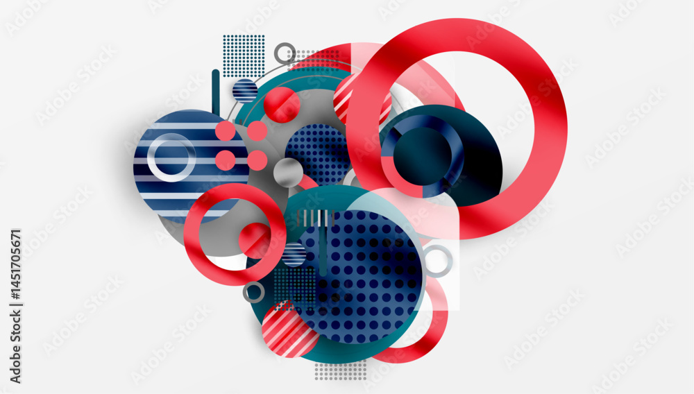 Fototapeta premium Abstract geometric composition. Circles, squares overlap creating dynamic visual effect. Red, blue, teal dominate design. Modern, clean aesthetic.