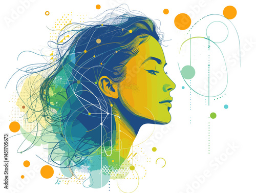 Woman's profile and neural connections, concept of artificial intelligence and thinking. Digital illustration of the human mind, technology, science, and psychology in vibrant colors.