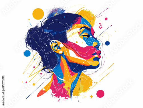 Abstract colorful portrait of a woman in profile in the style of cubism and street art. Creative concept about the flow of thoughts, inspiration, inner world and modern digital technologies.