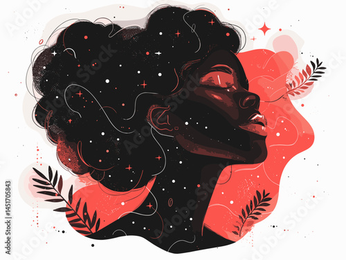 Abstract portrait of an African woman with cosmic texture on her skin and hair against a nature background. Art about the unity of man with the universe, ethnic beauty, soul and harmony.