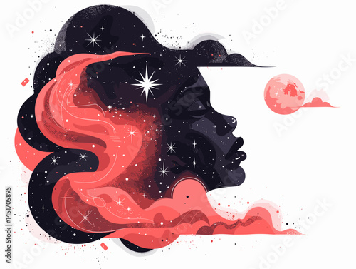 Surreal portrait of an African American space goddess with hair as the universe, stars, and planets, symbolizing magic, dreams, and connection with nature, digital art illustration.