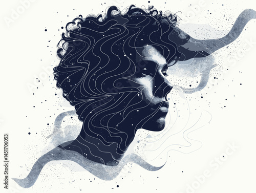 Abstract silhouette of a person with waves and stars inside. Concept of the inner world, thoughts, psychology, universe. Vector illustration for philosophy, science, meditation.