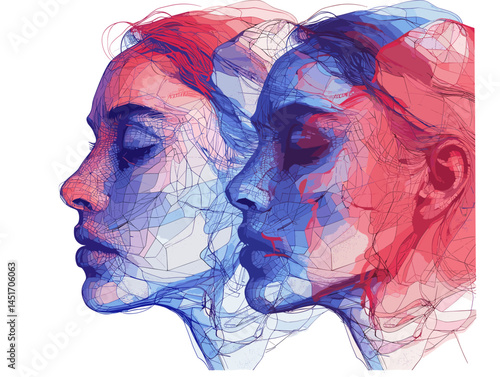 Double exposure of a female portrait in profile. Abstract artistic illustration in red and blue colors. Concept of psychology, emotions, thoughts, feelings, stress.
