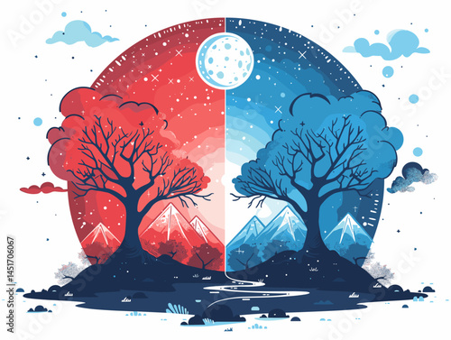 Day and night balance concept with the tree of life. Yin-Yang symbol as a landscape with sun and moon. Vector illustration for meditation, ecology, philosophy, spirituality.