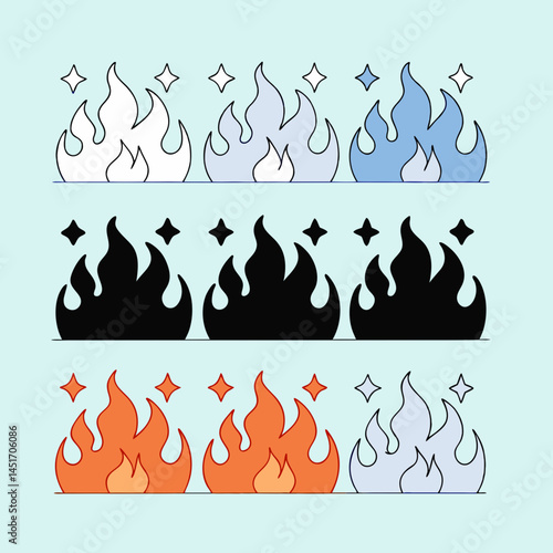 Flames Collection, various colors, styles, Cartoon campfire Fire flames, bright fireball, heat wildfire and red hot bonfire, campfire, red fiery flames, fireball and flame, website, and social media