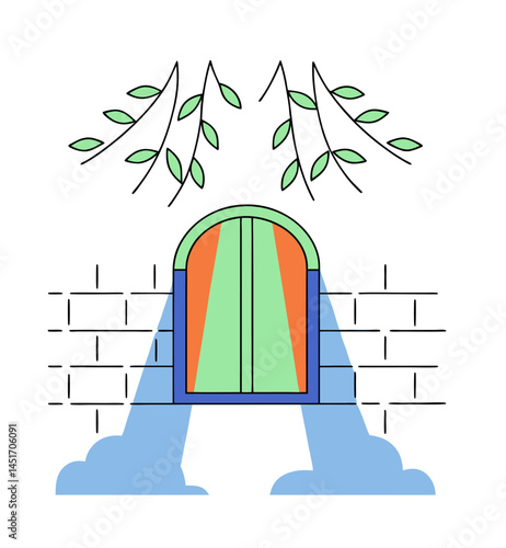 Colorful window with green leaves above, casting light and shadows on brick wall, creates serene atmosphere
