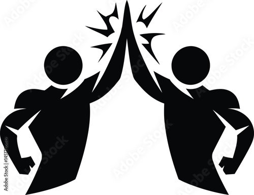 Vector illustration of two muscular men giving a high five black and white success theme