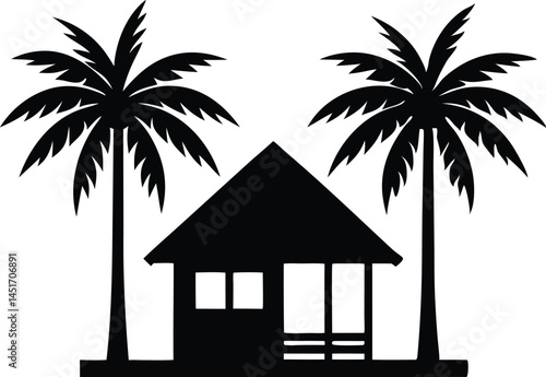 beach hut with palm tree silhouette vector illustration