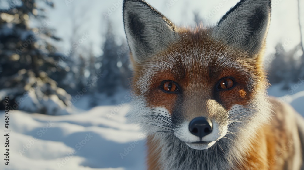 Obraz premium A realistic photo captures a red fox in a close-up portrait, set against a snowy backdrop.
