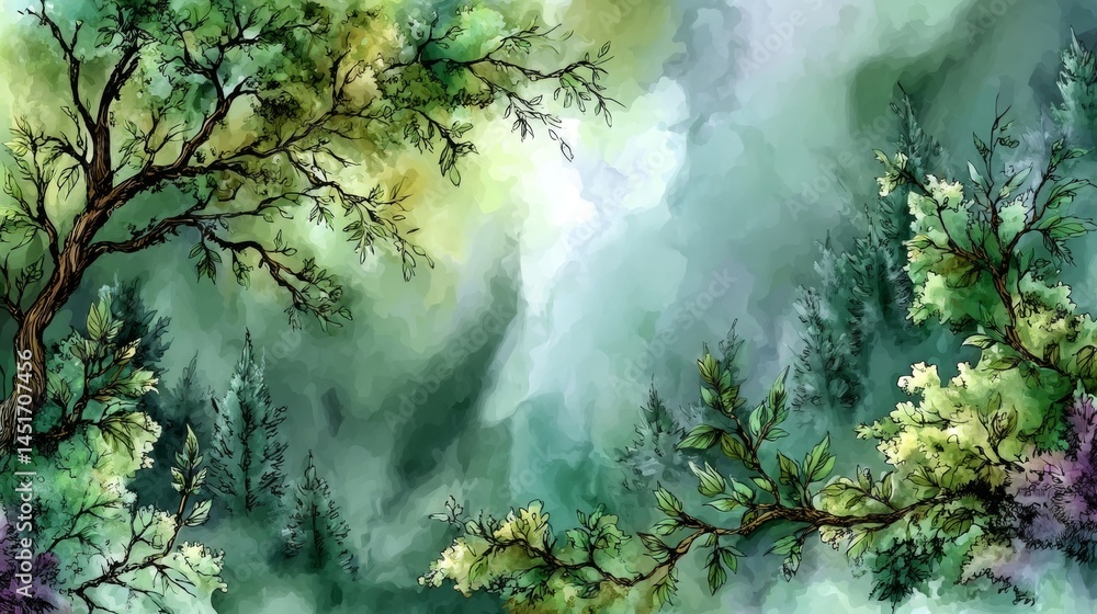 Fototapeta premium enchanted forest watercolor painting: mystical treetop view