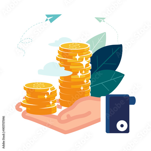 Money, business. The hand of a business banker holds a stack of gold dollar cents, coins. Get a high-paying job. Dollar coins. Gold coins on the hands in the palm. Change of work. Vector illustration