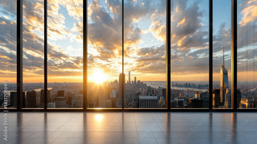 Fototapeta premium Stunning cityscape with radiant sunset reflecting through large windows, creating warm