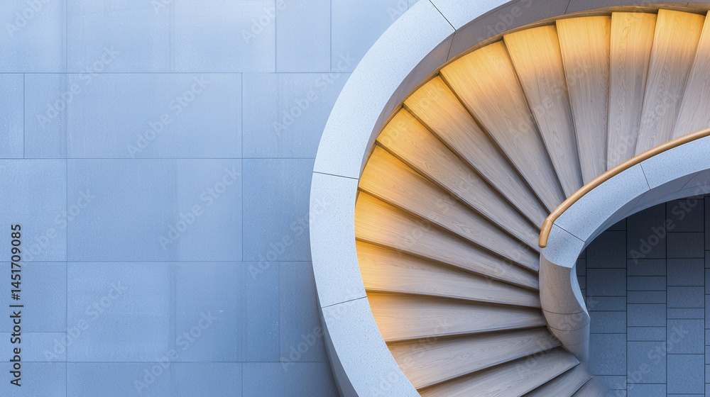 Fototapeta premium modern spiral staircase with wooden steps and soft lighting, symbolizing growth and progress in contemporary setting