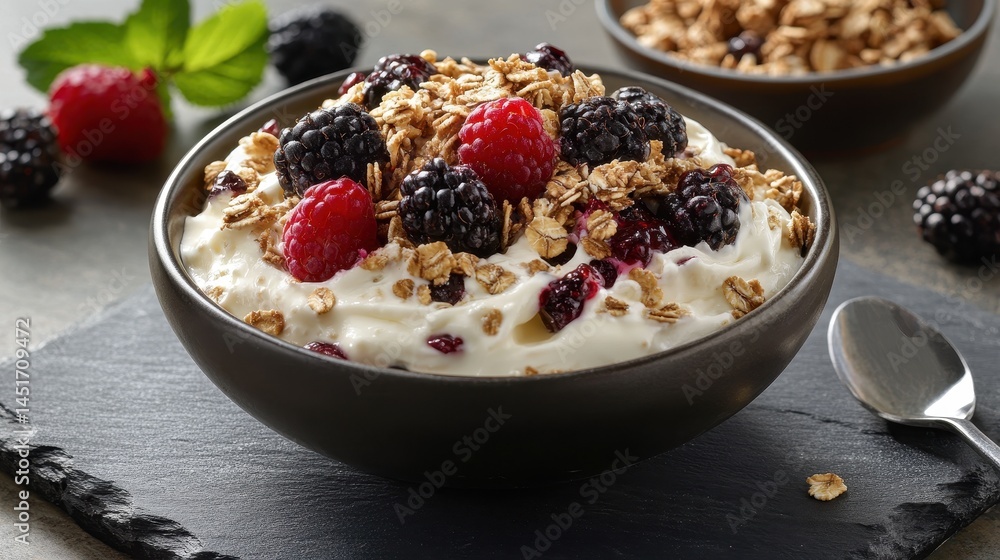 A bowl of yogurt with berries and granola on dark stone looks delicious. Perfect for healthy breakfasts, snacks, or promoting food related content. A bowl of yogurt with berries and granola on dark stone looks delicious. Perfect for healthy breakfasts, snacks, or promoting food related content.