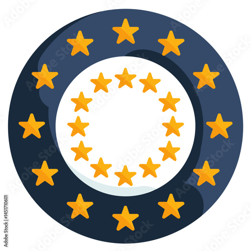 European Union emblem with twelve golden stars forming a circle on a blue background. The official symbol of Europe, a sign of unity, cooperation, and European democratic values.