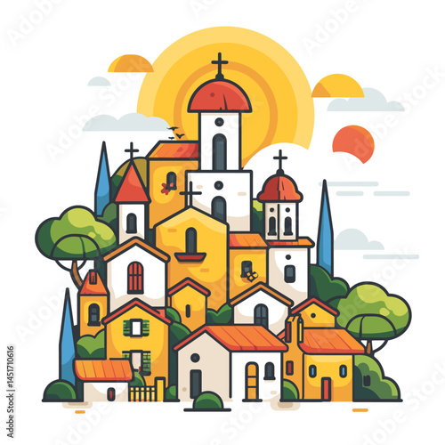 Cozy European village on a hill with traditional houses and a church. A picturesque Mediterranean landscape for a travel poster, an illustration of a summer vacation and holiday getaway.