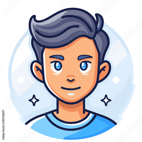 Boy avatar in a cartoon style. Character with a neat dark hairstyle, large blue eyes, and a bright background. Vector illustration for websites, games, apps, social media, design, profiles.