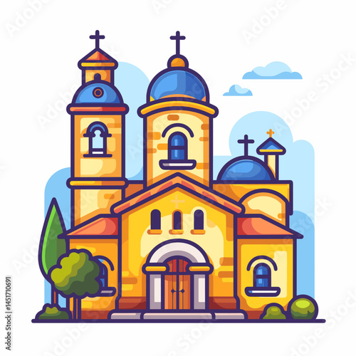 Bright isometric illustration of an Orthodox temple. Modern design of a cultural and religious building with blue domes and colorful accents.