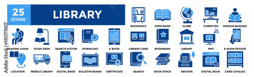 Library icon collection set. Containing design Bookshelf, Open book, Globe, Library Computer, Person reading