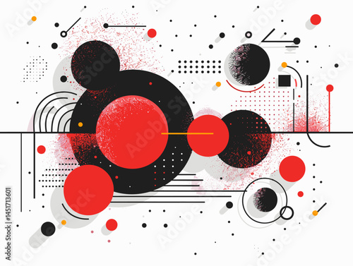 Dynamic abstraction of black circles and shapes with red dots, modern vector illustration of energy and outer space