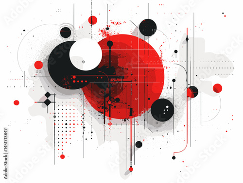 Dynamic abstraction of black and red circles and lines, modern vector illustration of energy and movement