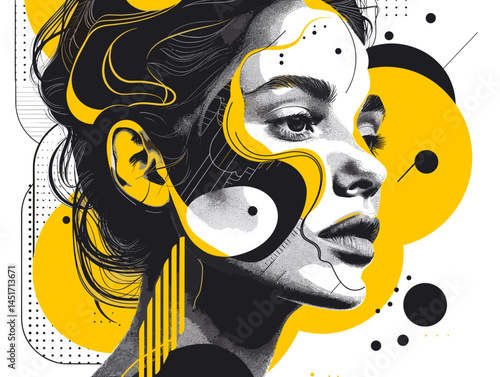Abstract female portrait with dynamic lines and vibrant color spots, expressive illustration of emotions and inner world