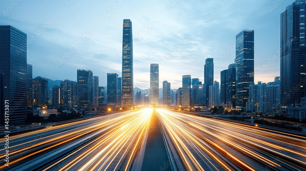 Obraz premium Stunning cityscape dusk, showcasing megacity skyline with illuminated skyscrapers and light