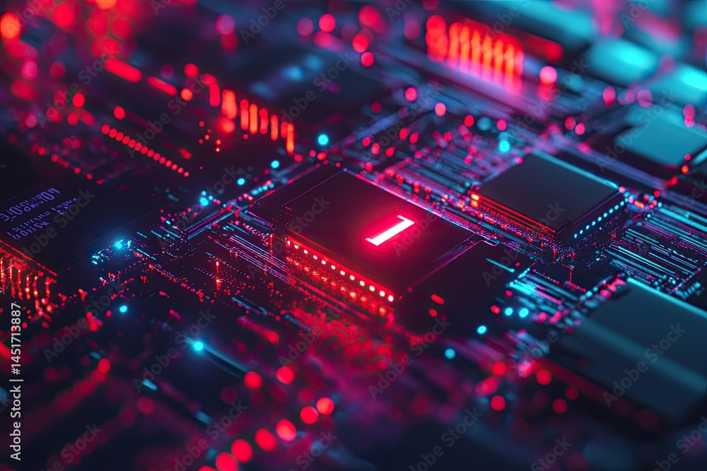 Circuit board with glowing number one Circuit board with glowing number one