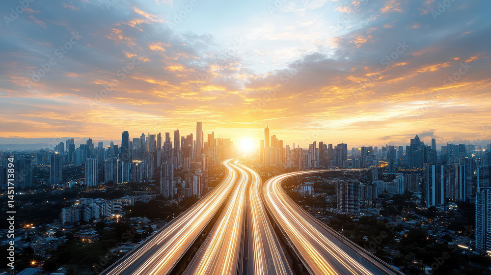 Fototapeta premium Stunning sunset horizon above megacity with long exposure view showcasing vibrant colors