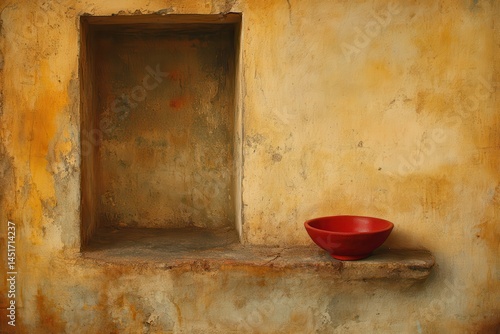 A rustic alcove in a weathered tan wall.  A small, red bowl rests on a ledge