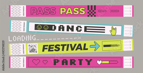 Concert event bracelet tickets set. Music festival, party, wristbands in retro rave style. Hand pass for nightclub carnival access. Paper wrist band templates y2k event. Vector security id show.