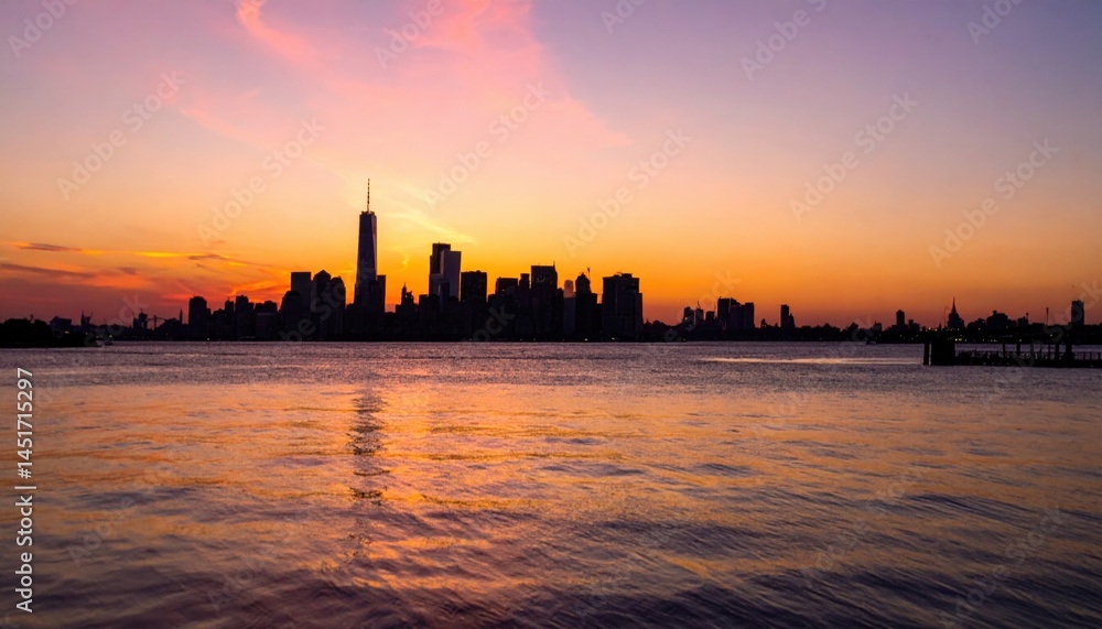 Sunset reflection over new york city skyline urban landscape scenic view tranquil environment Sunset reflection over new york city skyline urban landscape scenic view tranquil environment