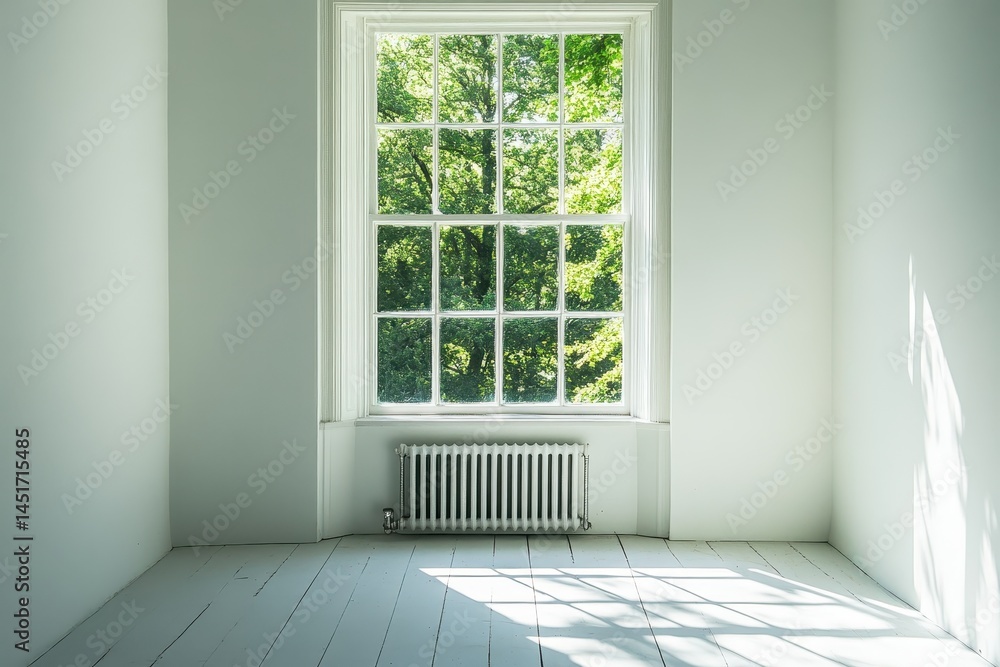 Fototapeta premium Empty white room with window overlooking green trees and light painted floor. Use this room scene as backdrop for design and decoration projects.