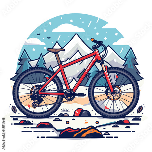 Red mountain bike is parked in front of a mountain