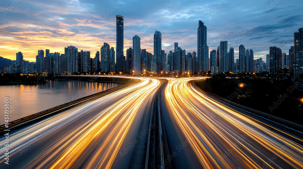 Urban skyline illuminated by sunset, showcasing vibrant light trails from vehicles Urban skyline illuminated by sunset, showcasing vibrant light trails from vehicles