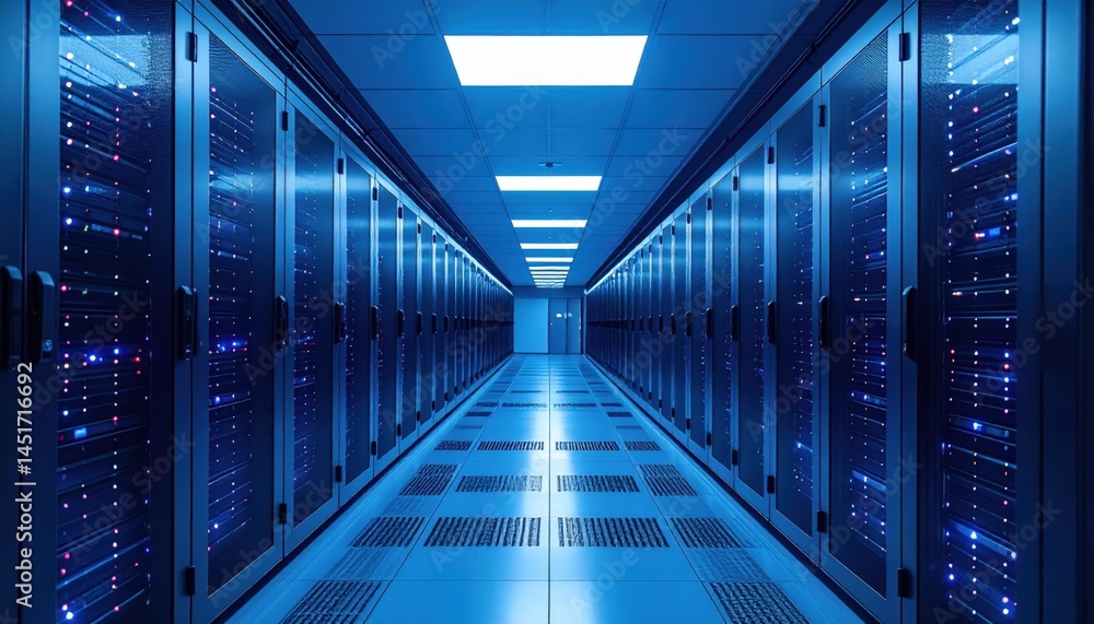 Obraz premium Data center operations and maintenance technology facility digital infrastructure modern environment wide-angle view future readiness