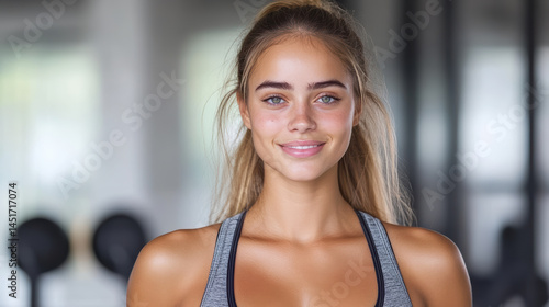Confident young woman smiling in fitness center, showcasing her healthy lifestyle and dedication Free Download Confident young woman smiling in fitness center, showcasing her healthy lifestyle and dedication - GFXLoad