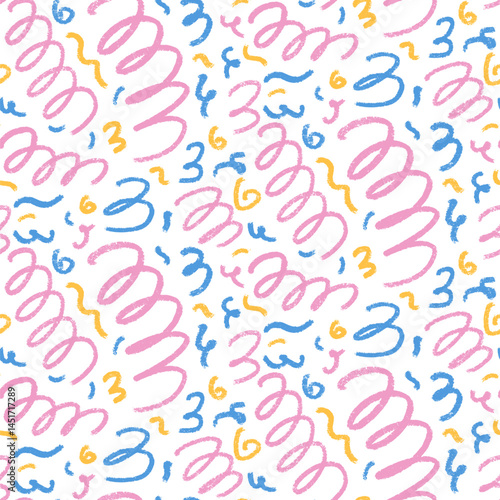 Carnival seamless pattern. Squiggle crayon confetti endless background. Fun party repeat cover. Surface pattern design festive motif. Vector hand drawn illustration.