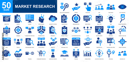 Market Research icon set collection. Data analytics, stock market, market analysis, data statistics, market growth icon. Simple glyph color vector.