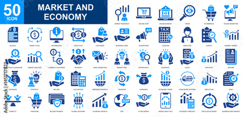 Market and Economy icon set collection. Market growth, market analysis, digital economy, global economy, cash flow icon. Simple glyph color vector.